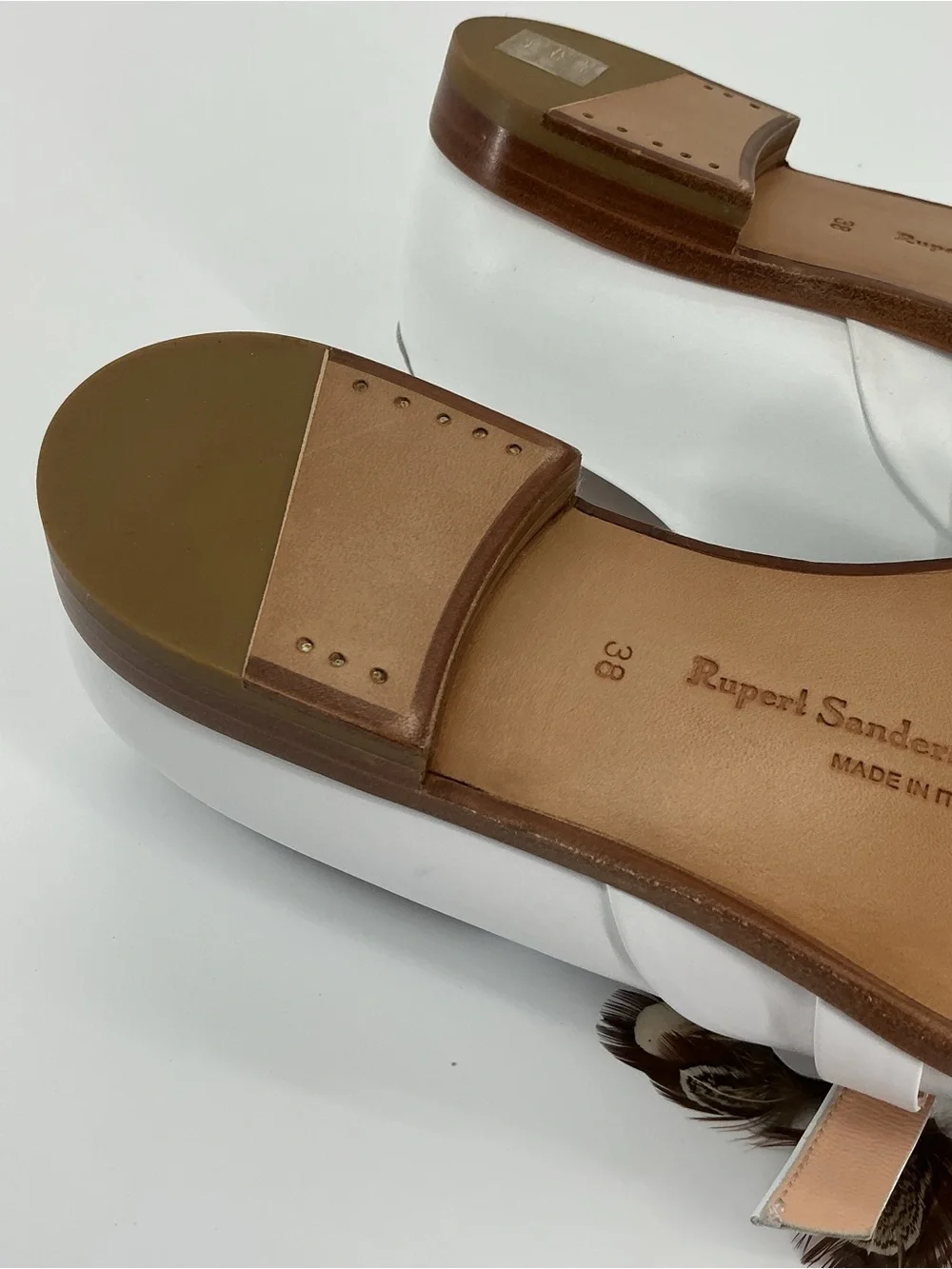 Rupert Sanderson White Leather Feather Embellished Loafers Flats 38